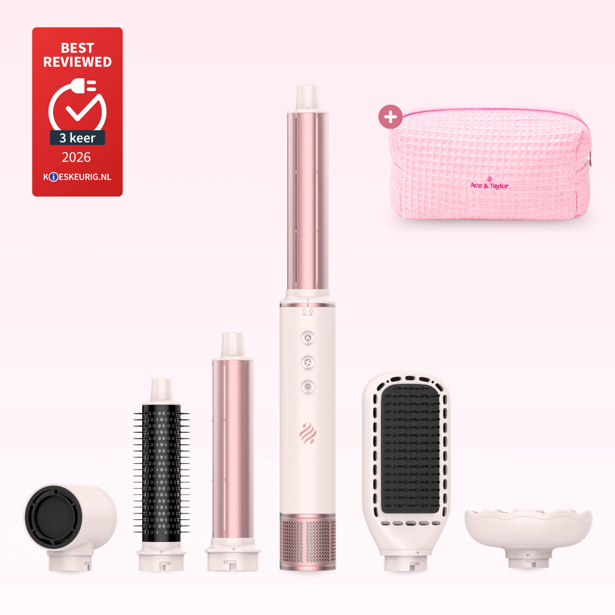 Ace & Taylor stijlapparaat met opzetstukken en roze toilettas