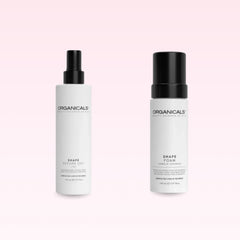 Organicals Shape Before Dry spray and Shape Foam mousse side by side on a pink background
