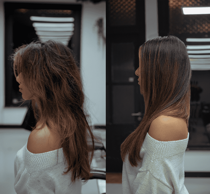 Before and after effect van de haartransformatie na het gebruiken van de Ace & Taylor haartools. Before: warrig haar, after: mooi gestijld haar.